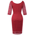 Kate Kasin Women 3/4 Sleeve Crew Neck Hips-Wrapped Red Lace Bodycon Pencil Dress KK000506-2